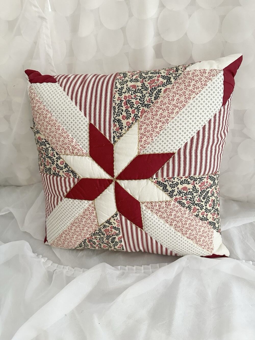 Heirloom Star Patchwork Pillow Cotton Calico Red White Cupcake & Cashmere Brand